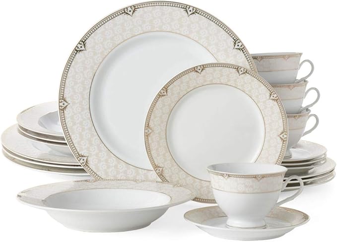 Euro Porcelain 20-pc Luxury Dinnerware Set w/ 24K Gold Ornament HQ Dining Tableware Service for 4 (Sandra)