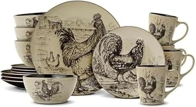 Pfaltzgraff Homespun Rooster 16-Piece Dinnerware Set Service for 4 Brown
