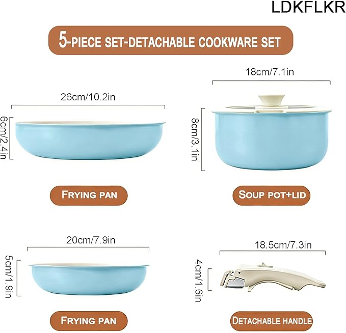 Multi-Piece Detachable Cookware Set Non-Stick Pots and Pans Set with Removable Handles Cooking Set Oven Safe Stackable Universal for All Stoves5PcBlue