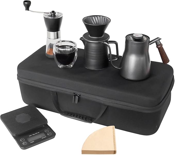 SOTECH Pour Over Coffee Maker Set All in 1 Coffee Kits- 304 Stainless Steel Kettle with Thermometer Coffee Grinder Coffee Dripper &amp Server of Portable Travel Bag For Outdoor Camping