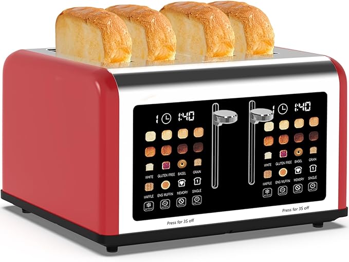 4 Slice Toaster Touch Screen Stainless Steel Toasters Digital Timer Dual Control Panel Toasters 8 Shade Settings 6 Bread Types for Bagel Cancel Defrost 1650W Red