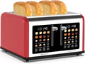 4 Slice Toaster Touch Screen Stainless Steel Toasters Digital Timer Dual Control Panel Toasters 8 Shade Settings 6 Bread Types for Bagel Cancel Defrost 1650W Red