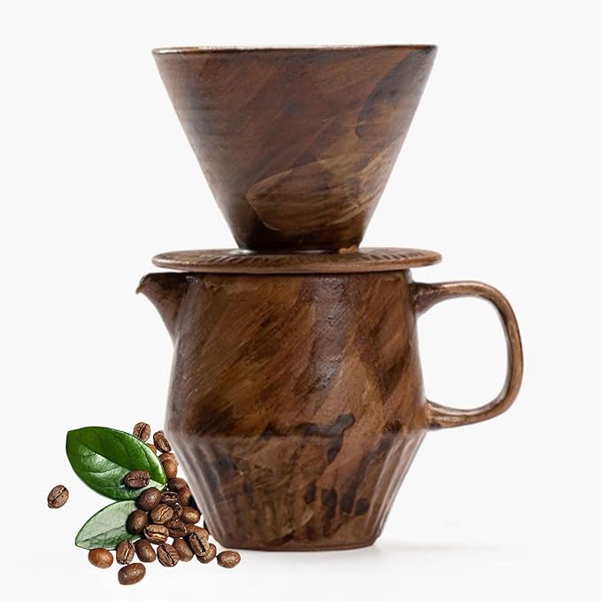 Pour Over Coffee Maker Set Vintage Ceramic Pour Over V60 Coffee Dripper Setfor Home Café Restaurant Camping7oz/220ml Pour Over Coffee Dripper (Brown)