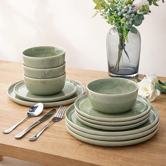 AmorArc Stoneware Dinnerware Sets for 4Round Reactive Glaze Ceramic Plates and Bowls SetHighly Scrath Resistant | Dishwasher &amp Microwave Safe Dishes SetService for 4 (12pc)