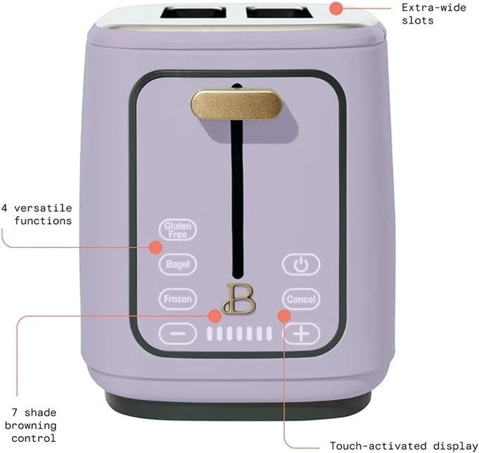 2 Slice Digital Toaster with Touch Control Panel Adjustable Toast Shade Settings Wide Bread Openings Bagel &amp Frozen Modes Removable Crumb Tray (Lavender)