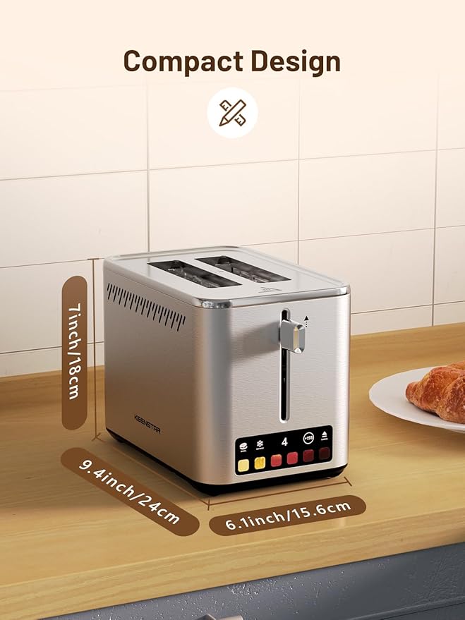 KEENSTAR Touch Screen 2-Slice Toaster with 6 Browning Levels Bagel Defrost &amp Timer Wide 1.5 Slots Removable Crumb Tray 900W Stainless Steel Smart Toaster for Bagels Breads &amp Waffles
