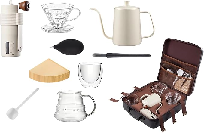 Single Serve Manual Pour Over Coffee Maker Kit - Portable V60 Drip Cone Gooseneck Kettle Glass Carafe &amp Grinder for Travel Camping Home &amp Specialty Brewing (White)