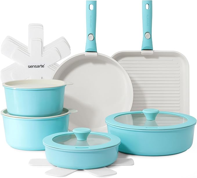SENSARTE 17 Piece Ceramic Pots and Pans Set Nonstick Detachable Handle Cookware Induction Kitchen Cookware Set with Removable Handle Dishwasher ＆ Oven Safe (Turquoise)