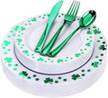 WDF 125pcs St. Patrick’s Day Plastic Plates with Shamrock Clover &amp Disposable Silverware - Premium White and Green Plastic Dinnerware for Wedding &ampParties Special for St. Patrick’s Day