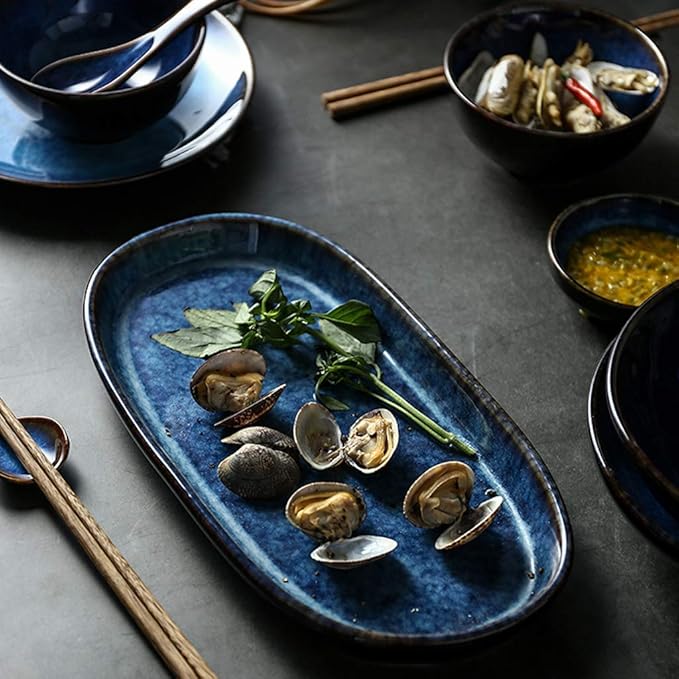 Ceramics Dinnerware Set Cat's Eye Blue 32 Pieces Porcelain Dinner Set/Vintage Plates and Bowls Sets for Restaurant &amp Microwave Safe