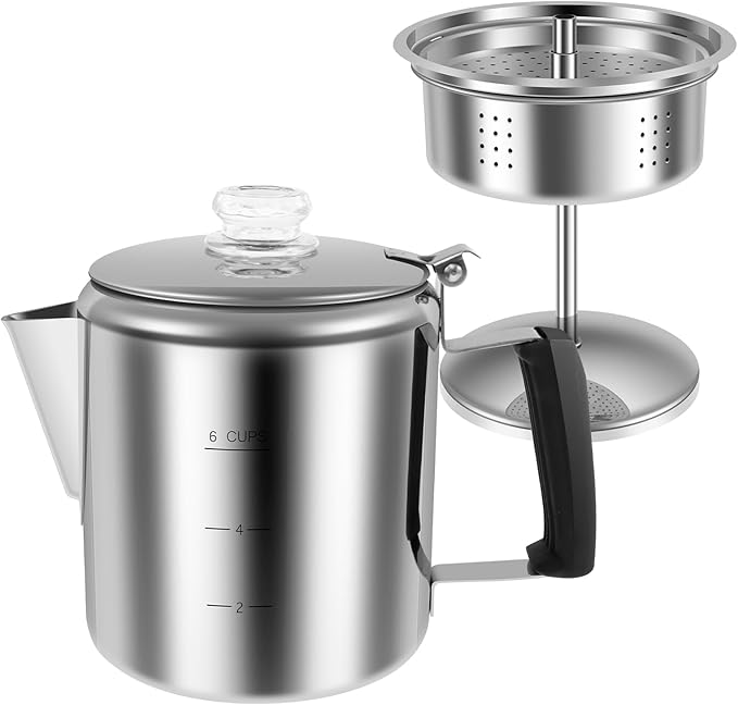 Stainless Steel Coffee Percolator 6 Cup Fast Brew Coffee Maker Percolator with Glass Knob Portable Outdoors Camping Coffee Pot for Gas Stove