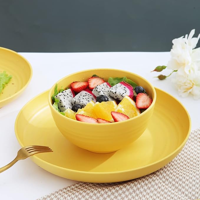 Kyraton Plastic Dinnerware Set of 16 Pieces Unbreakable And Reusable Light Weight Plates Mugs Bowls Dishes Easy to Carry And Clean Microwave Safe BPA Free Dishwasher Safe Service For 4 (Gold Yellow)