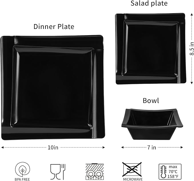 Square Melamine Dinnerware Sets of 12 PcsSquare Plates and Bowls SetsUnbreakable Dish Set for 4Lightweight Dishwasher Safe and BPA FreeSuit for RVCamping（Black）