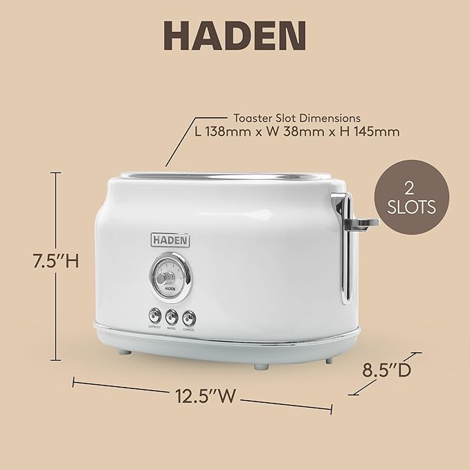 Haden Dorset 2 Slice Extra Wide Slot Toaster with Cool Touch Exterior Removable Crumb Tray and 6 Variable Browning Control Ivory
