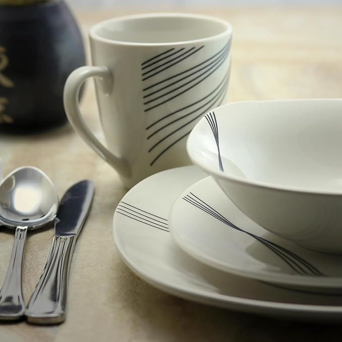 16-Piece Soft Square White Dinnerware Set – Modern Fine China Dish Set with Black Linear Design Service for 4