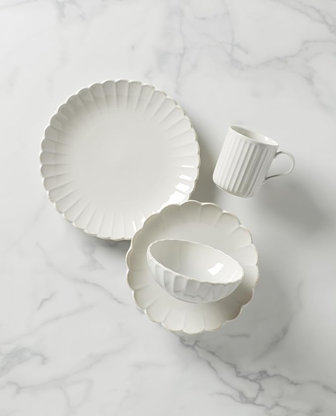 Lenox Dinnerware Set French Perle Scallop 4-Piece Place Setting Service For 1 Dinnerware Set Stoneware Includes Plates Bowl and Mug Dishwasher And Microwave Safe Dish Set (White 4 Piece)