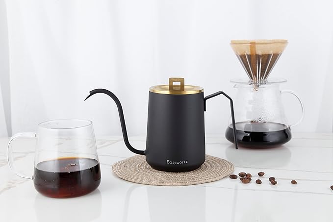 Easyworkz Gooseneck Pour Over Coffee Kettle 20 oz Stainless Steel Hand Drip Coffee Pot With Long Narrow Spout Brass Gold Black