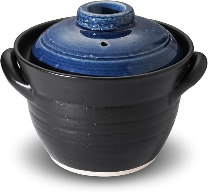 Banko-ware Donabe Japanese Earthenware Rice Pot with Double-Lid Technology – Elegant Jet-Black &amp Blue Design – Ensures Fluffy Rice Every Time – Includes English Manual – Made in Japan (1-2 per)