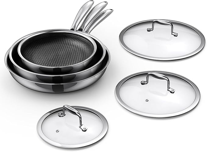 MOMOSTAR Hybrid Nonstick 6-Piece Fry Pan Set 8 10 and 12-Inch Pots and Pans with Tempered Glass Lids Stay-Cool Handles Dishwasher-Friendly Induction Ready Compatible with All Cooktops