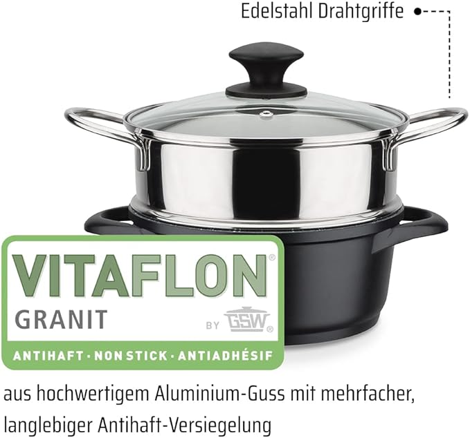 GSW Gourmet Granite Cooking Pot Set 10 Pieces Aluminium Glass Plastic Stainless Steel Black