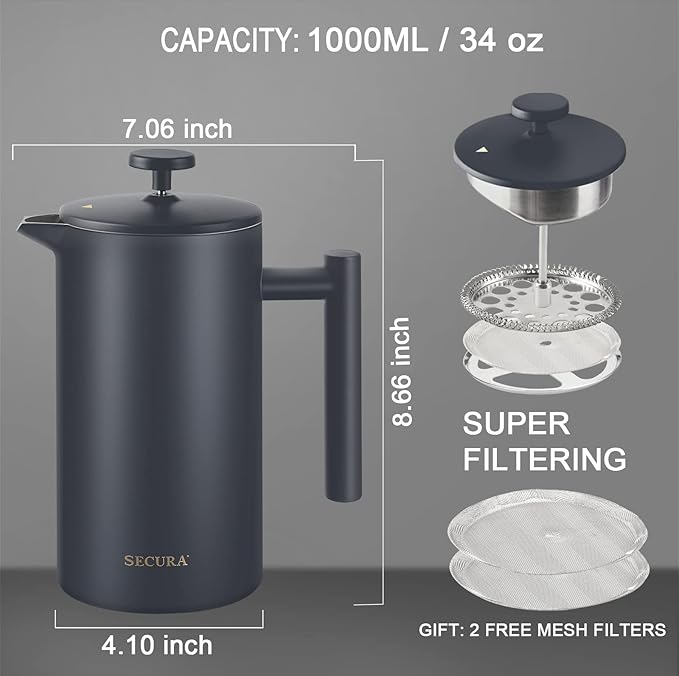 Secura French Press Coffee Maker 304 Grade Stainless Steel Insulated Coffee Press with 2 Extra Screens 34oz (1 Litre) Grey