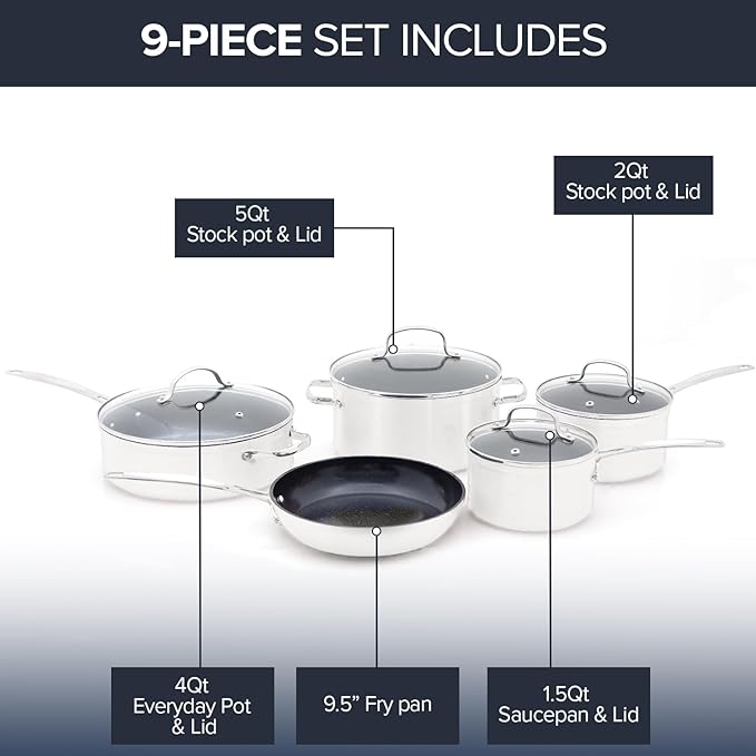 Nuwave Healthy Duralon Blue Ceramic Nonstick Coated 9pc Cookware Set Scratch-Resistant Diamond Infused PFAS Free Induction Ready &amp Evenly Heats Oven Safe Tempered Glass Lids