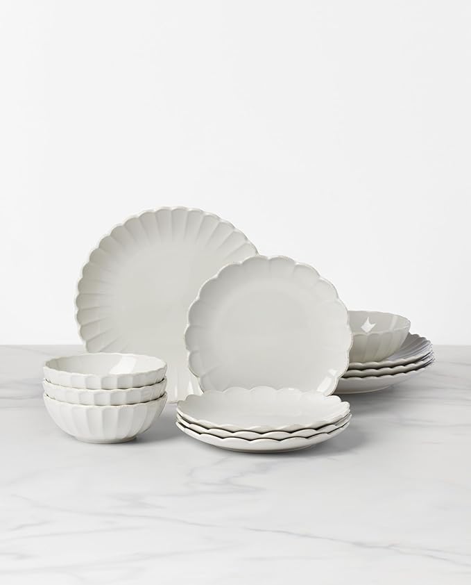 Lenox Stoneware Dinnerware Sets French Perle Scallop 12-Piece Dinnerware Set for 4 Service For 4 Dishwasher Safe Dishware White Dishes Set Stoneware Dinner Plates and Bowls Sets (White 12 Piece)