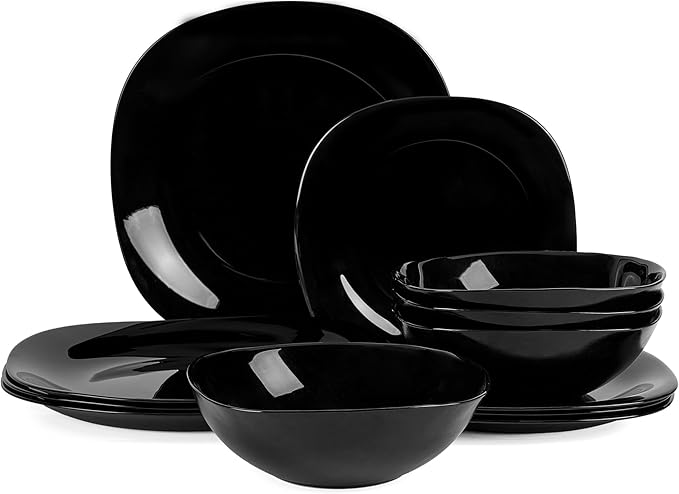 Square Dinnerware Sets for 4 12 Pieces Opal Glass Plates and Bowls Set Dishwasher and Microwave Safe Dish Dinning Ware Set Chip and Scratch Resistant Dishware Sets Black