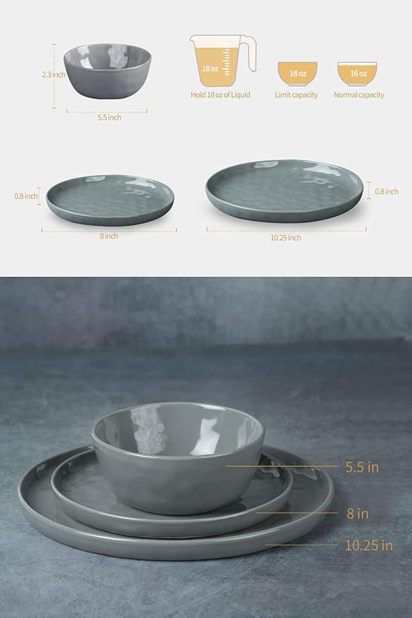 Famiware Mars Plates and Bowls Set of 12 and Milkyway 4oz Dipping Bowls Set of 6 18 Pieces Dinnerware Sets Dark Gray