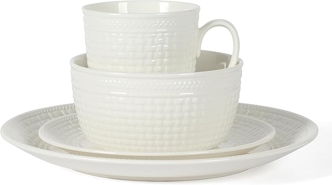Martha Stewart 16 Piece Basket Weave New Bone China Embossed Porcelain Chip and Scratch Resistant Dinnerware Set