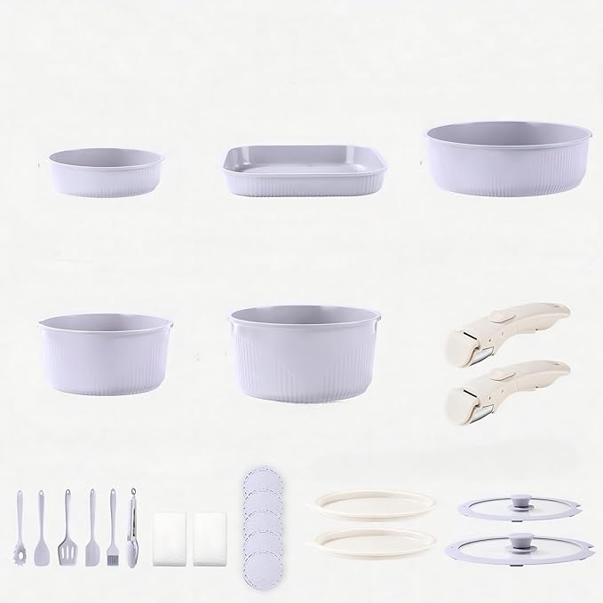 24-Piece Non-Stick Cookware Set with Stackable Storage Kitchen Collection Including 8-10 Inch Skillets Casserole Dish Removable Handle Utensils Silicone Mat Storage Lid (Purple)