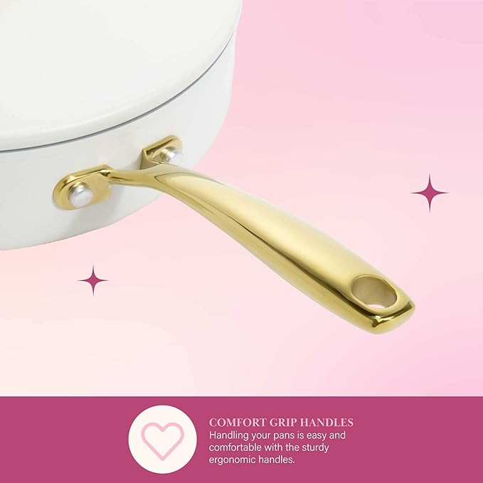 Paris Hilton Iconic Nonstick Pots and Pans Set Multi-layer Nonstick Coating Matching Lids With Gold Handles Made without PFOA Dishwasher Safe Cookware Set 10-Piece Cream
