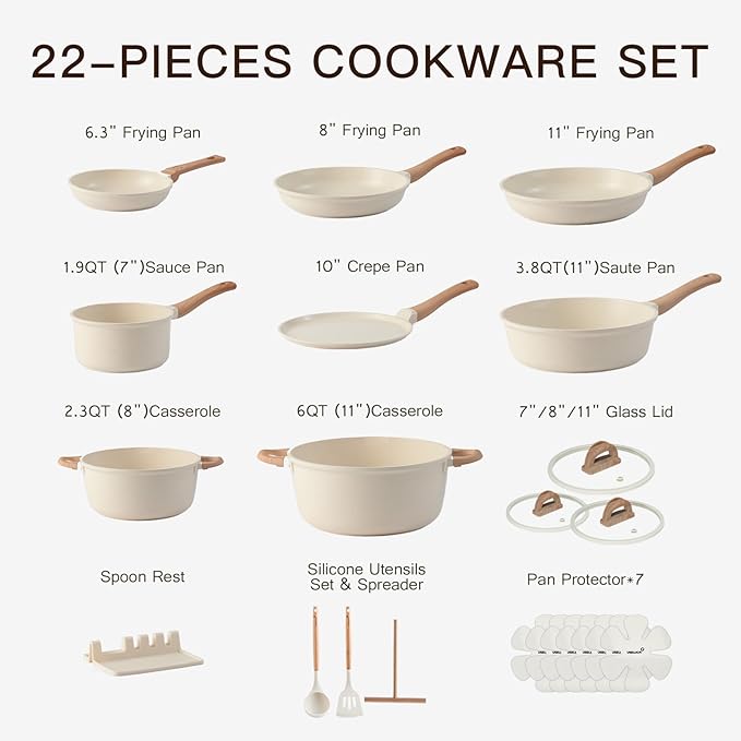 Pots and Pans Set Non Stick Non-Toxic 22 Pcs Ceramic Cookware Sets Nonstick Kitchen Pot&ampPan With Lid Cream White Granite Induction Compatible with Glass Lids Crepe Frying Pan PFOA/PFOS-Free