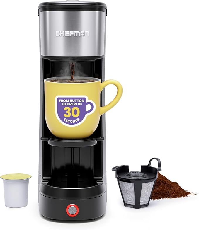 Chefman InstaCoffee Max The Easiest Way to Brew the Boldest Single-Serve Coffee Use Fresh And Flavorful Grounds or K-Cups With A Convenient Built-In Lift Black/Stainless Steel