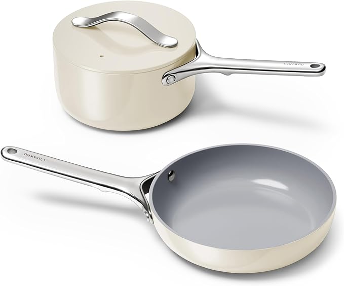 Caraway Mini Cookware Set - Non-Stick Ceramic Fry Pan (1.05 qt 8) Sauce Pan (1.75 qt) &amp Storage Rack - Non Toxic PTFE &amp PFOA Free - Oven Safe &amp Stovetop Agnostic (Gas Electric &amp In