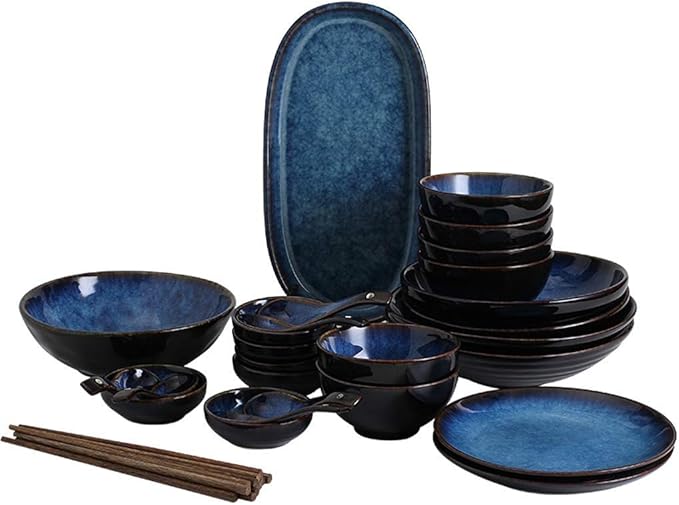 Ceramics Dinnerware Set Cat's Eye Blue 32 Pieces Porcelain Dinner Set/Vintage Plates and Bowls Sets for Restaurant &amp Microwave Safe