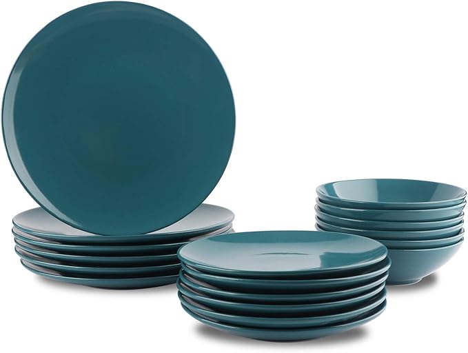 Amazon Basics 18-Piece Stoneware Dinnerware Set Service for 6 Microwave and Dishwasher Safe Plates and Bowls Deep Teal
