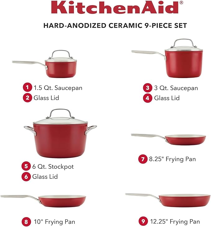 KitchenAid Hard Anodized Ceramic 9-Piece Nonstick Cookware Set – Includes Fry Pans Saucepan Stockpot Durable Even Heating Oven Safe to 500°F Empire Red