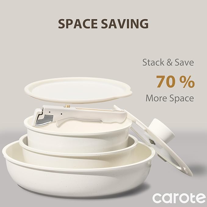 CAROTE 6pcs Pots and Pans Set Non Stick Cookware Sets Kitchen Set Oven/Fridge Safe Space Saving Pots Set Nonstick Cooking Set with Versatile Detachable Handle Induction RV Set
