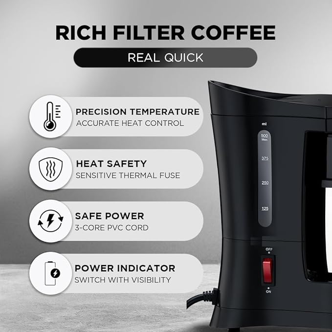 Cafe Zest Drip Coffee Maker| 450W Coffee Machine for Home | 500ml Capacity | Black