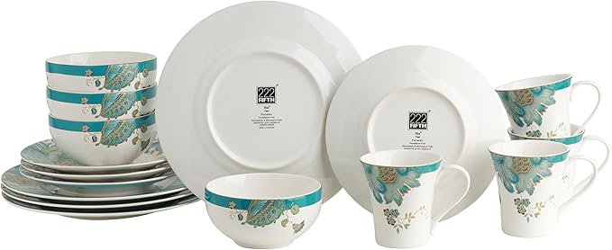 222 Fifth 16-Piece Porcelain Dinnerware Set for 4 Elegant Floral Plates and Bowls Sets-White Teal Gold Ceramic Dishes Chip Resistant Kitchen and Dining Dish Set Microwave &amp Dishwasher Safe E