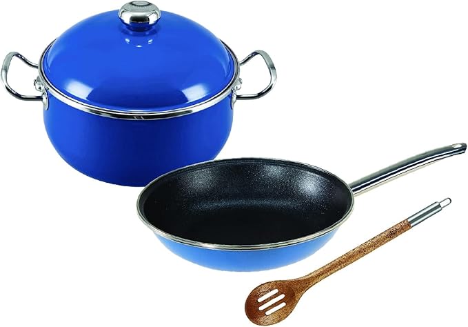 VITA 4-Piece Beginners Set (Blue) for All Stove Tops (Enamel on Steel) - Dishwasher &amp Oven Safe - Quick &amp Even Heat Distribution - Non Stick Pan &amp Enameled Interior Pot Non-Reactive &amp