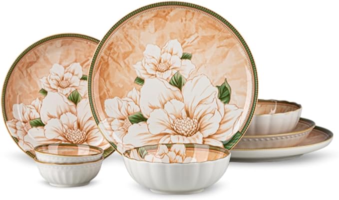 Plates and Bowls Sets for 2 8-Piece Dinnerware Set Ceramic Dish Sets for 2 with Camellia Floral Pattern Microwave &amp Dishwasher Safe for Everyday Use &amp Gift Giving