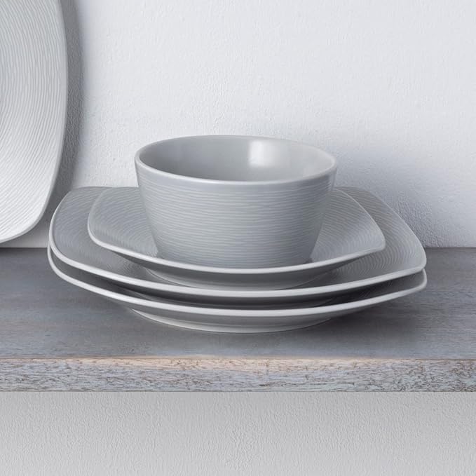 Noritake Colorscapes Grey-on-Grey Swirl 16-Piece Square Dinnerware Set Service for 4