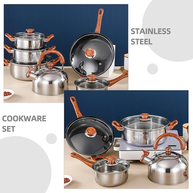 12-Piece Stainless Steel Cookware Set Flat Bottom Frying Pan Soup Pot Milk Pot and Kettle Dishwasher Safe Induction Compatible Thickened Design for Home Cooking