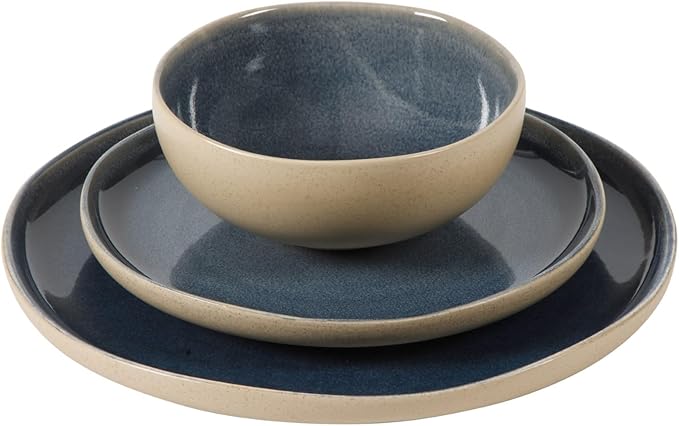 Gibson Elite Manila Bay 12-Piece Stoneware Dinnerware Set Service for 4 Reactive Glaze Modern Artisan Plates Bowls &amp Mugs Blue Round Design