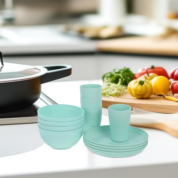 12pcs Wheat Straw Dinnerware Set with Plates and Bowls Microwave Safe Lightweight Reusable Eco-Friendly Tableware for Camping and Outdoor Use (Green)