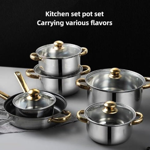12 Piece Stainless Steel Cookware Set Kitchen Removable Handle Pots and Pans Set Frying Pans Saucepans with Lid Golden Handles for All Stoves (12 pcs)