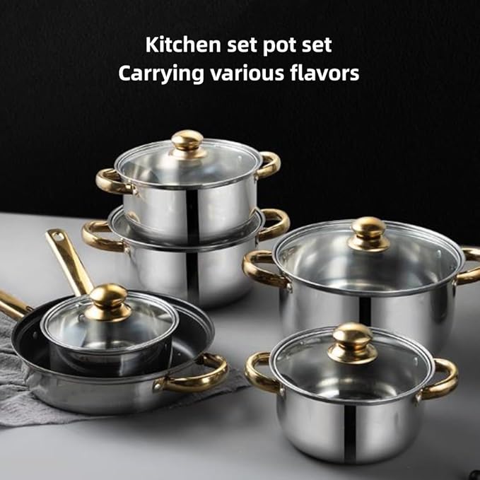 Stainless Steel Cookware Set 12 Piece Kitchen Pots and Pans with Removable Handles Frying Pans and Saucepans with Lids Compatible with All Stoves12 pcs/with Kettle