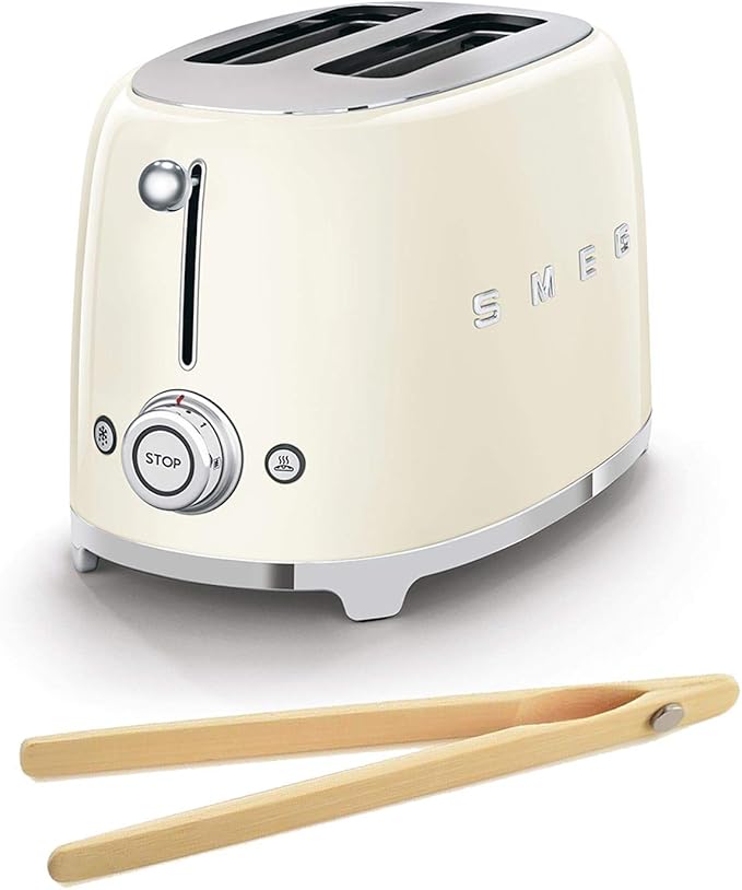 Smeg TSF01CRUS 50's Retro Style Toaster Bundle with Bamboo Tongs - (Cream) 2 Slice